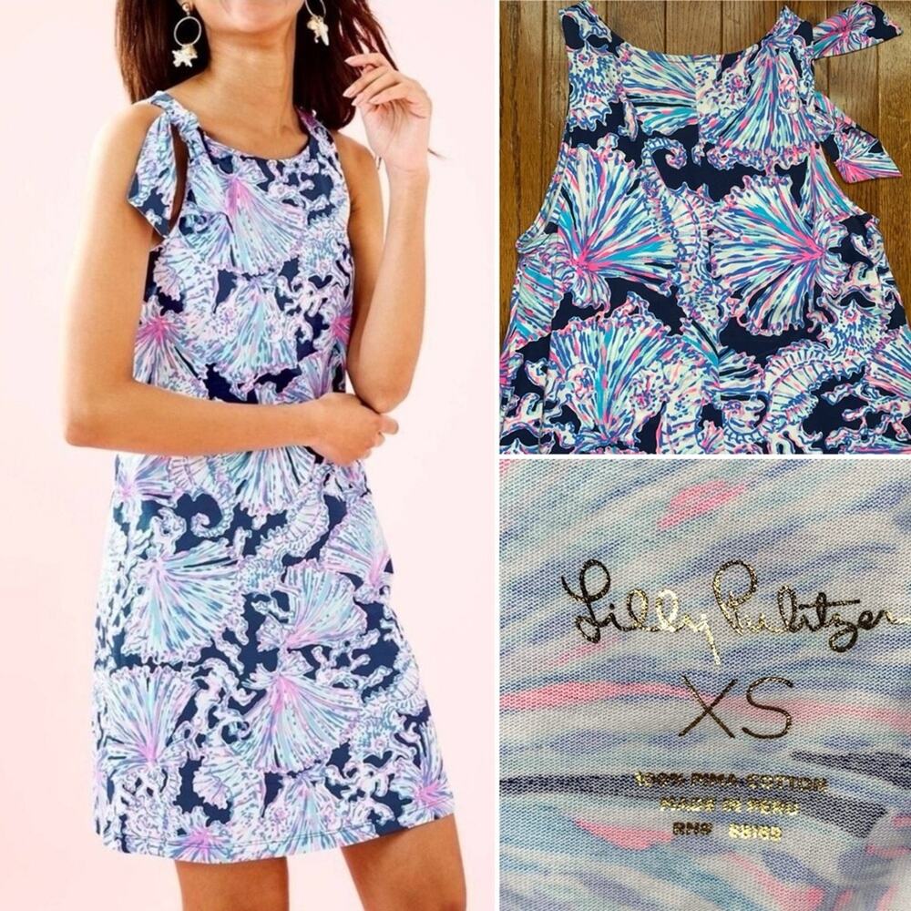 LILLY PULITZER $198 Luella Swing Dress Deep Sea Navy Shells Bells XS NWOT